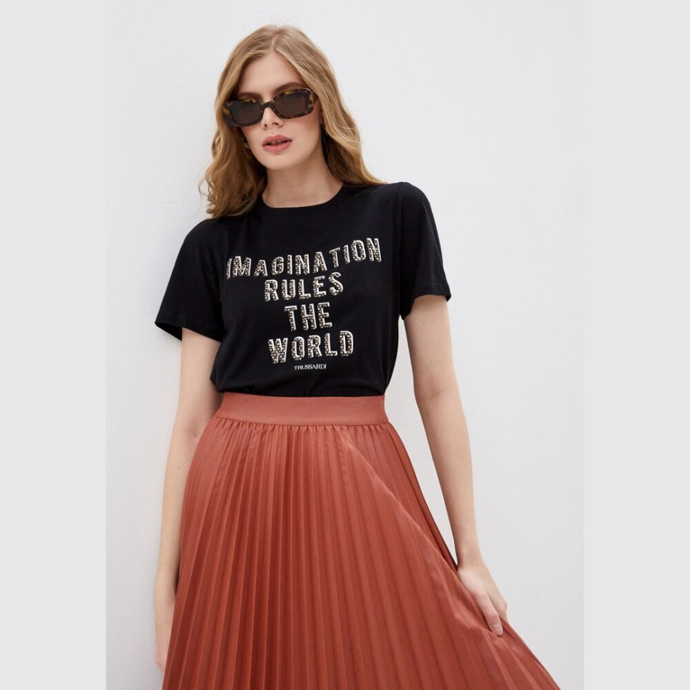 Trussardi Black Short Sleeve Tee with White Studded Lettering